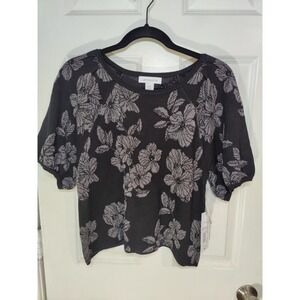 Liz Claiborne Black Gray Floral Half Sleeve Metallic Thread Sweater PM NWT